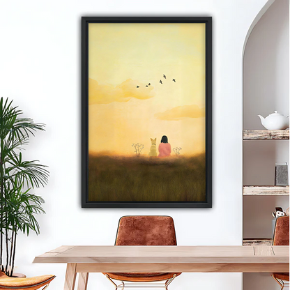 Sunset girl and white dog golden sky framed canvas wall art above dining table