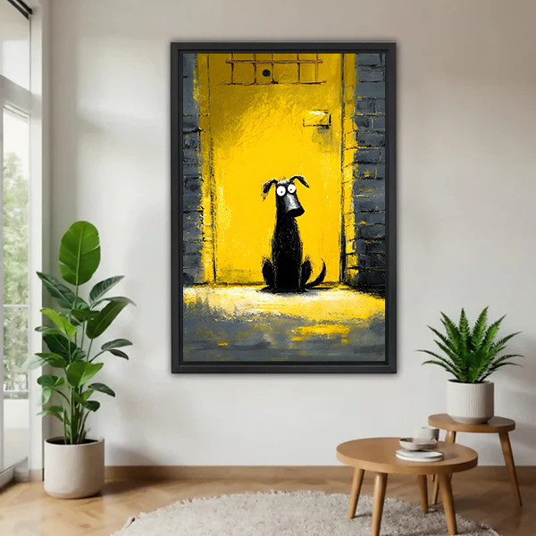Framed funny dog yellow door street art wall print in a bright living room with indoor plants, bold pop art dog decor