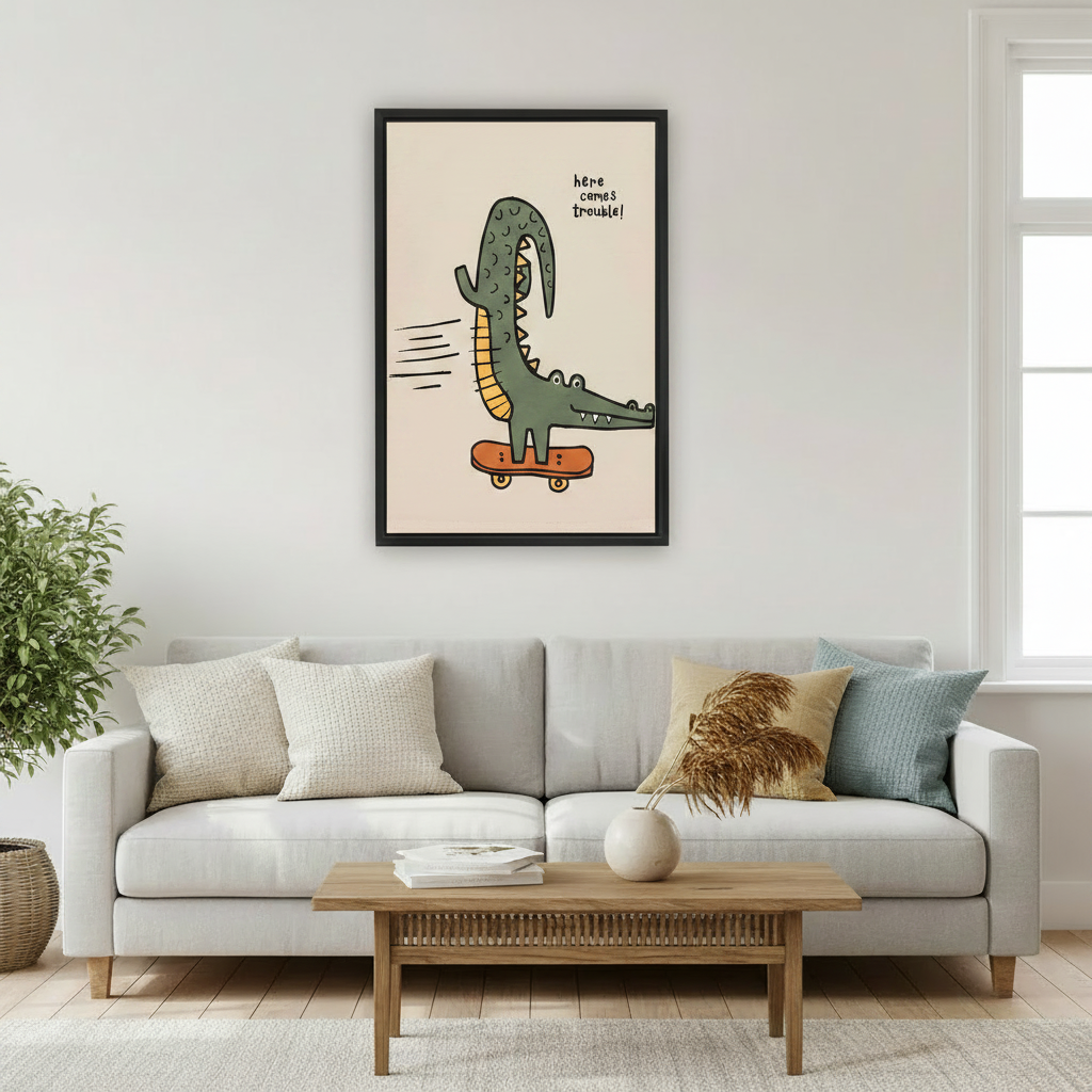 Kids wall art print featuring cartoon crocodile on skateboard — fun illustrated poster for nursery or playroom wall