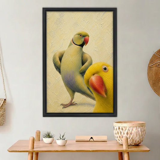 Colorful Parrots Oil Painting Style Framed Wall Art – Funny Green and Yellow Parrot Print on Wooden Desk Scene