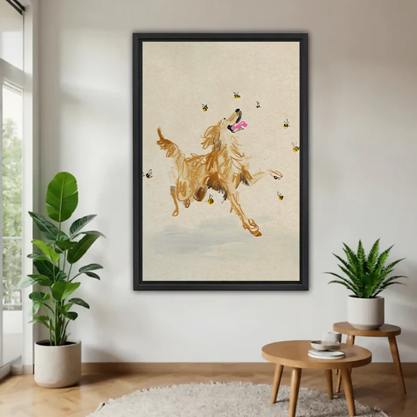 Golden retriever jumping with pink flower and bees whimsical watercolor framed canvas wall art in black frame displayed in bright living room with tropical plants
