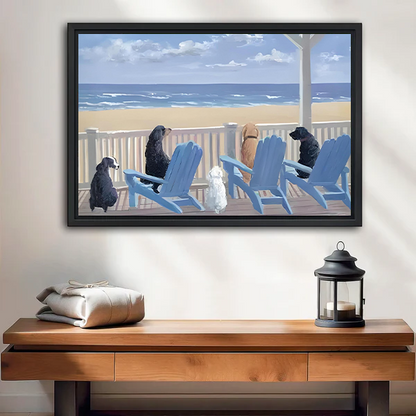 Dogs on Beach Porch Ocean View Black Framed Wall Art Print Entryway Decor