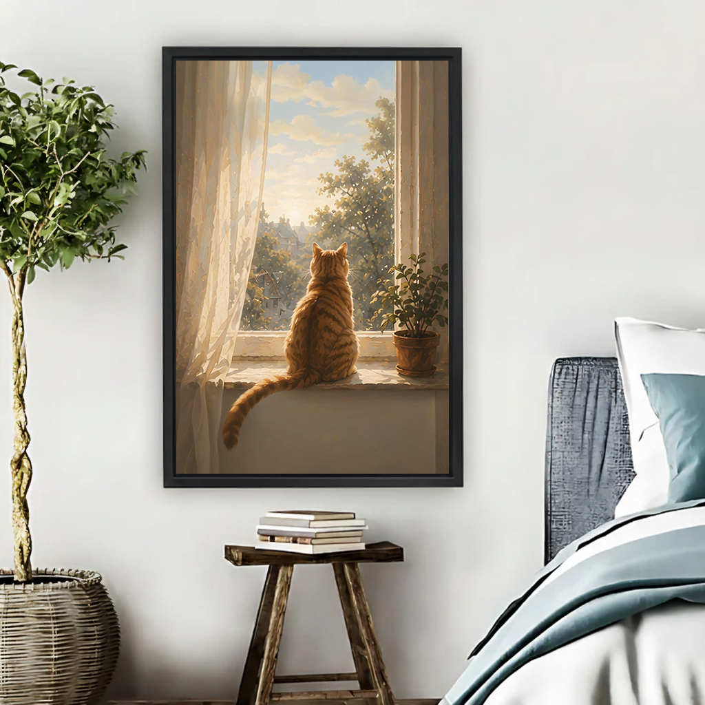 Framed orange cat on windowsill canvas wall art print in warm bedroom decor setting