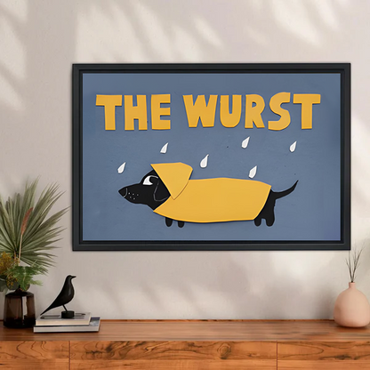The Wurst dachshund in yellow raincoat framed canvas wall art displayed on wooden sideboard in modern living room