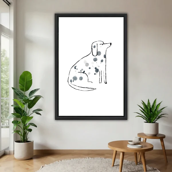 Minimalist dalmatian line art framed print with grey spots displayed on white wall flanked by green plants in modern living room