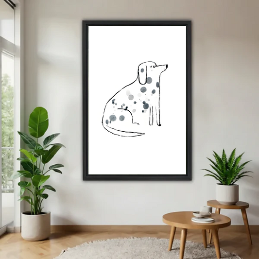 Minimalist dalmatian line art framed print with grey spots displayed on white wall flanked by green plants in modern living room