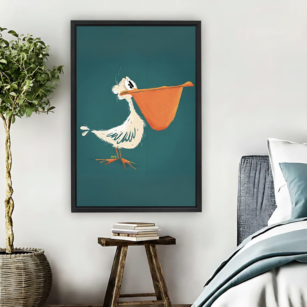 Funny pelican cartoon wall art in black frame above nightstand in teal and neutral bedroom