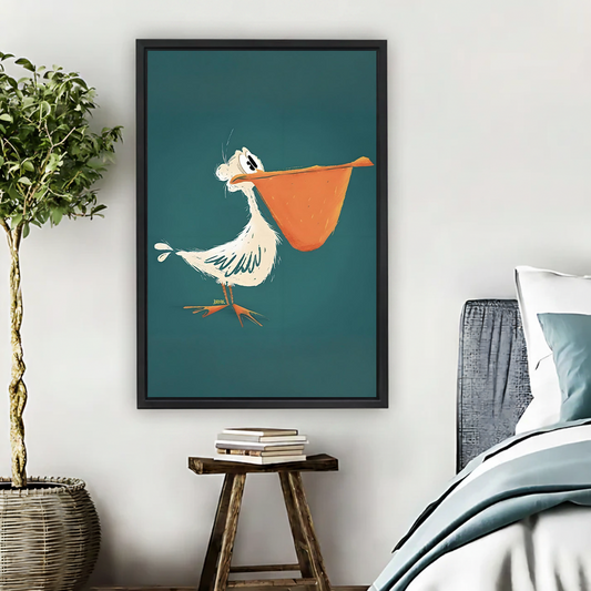 Funny pelican cartoon wall art in black frame above nightstand in teal and neutral bedroom