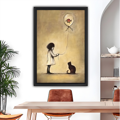 Girl Fish Balloon Black Cat Banksy Style Black Framed Wall Art Print Dining Room Decor