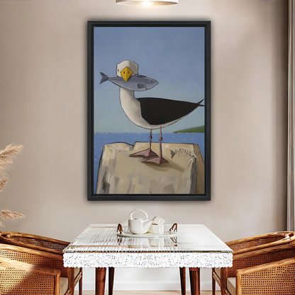Funny seagull with fish coastal framed canvas wall art - quirky bird print for dining room
