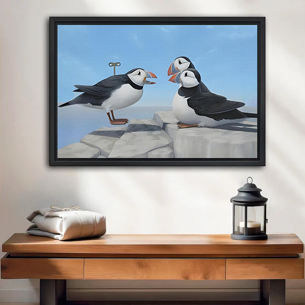 Cute puffin birds coastal framed canvas wall art – whimsical ocean print above entryway table