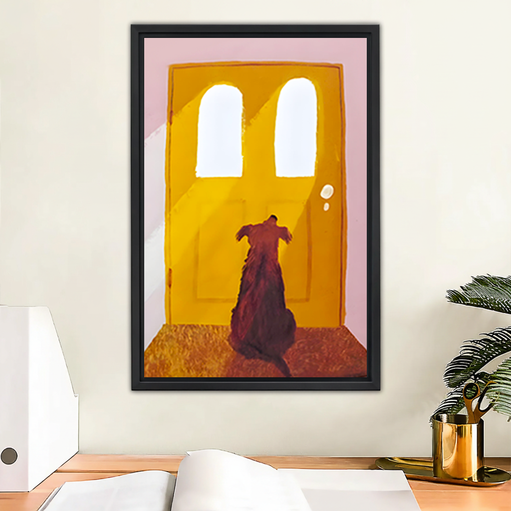 Dog at the door vintage framed art print with yellow arch door and pink wall displayed above wooden desk in modern home office