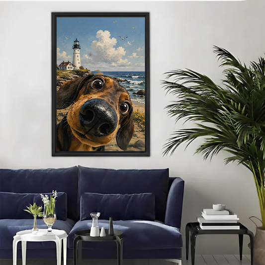 Dachshund close-up selfie at lighthouse seaside funny dog illustration framed canvas wall art in modern living room above dark blue sofa