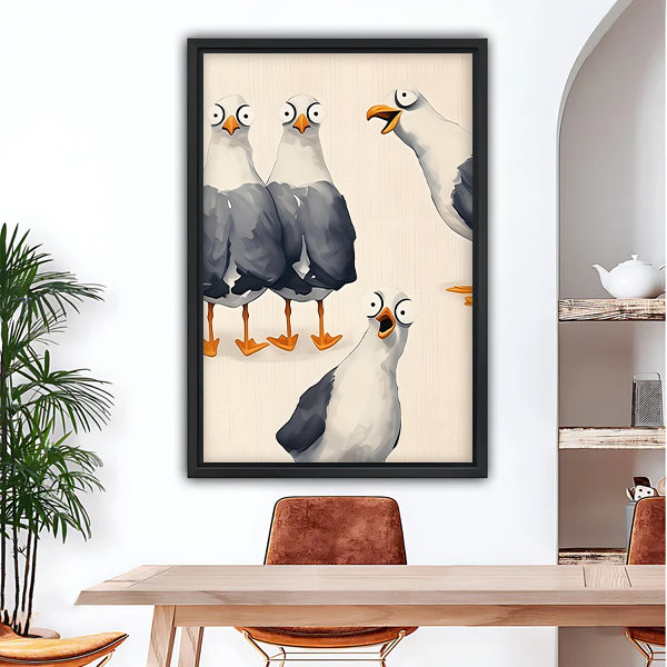 Funny seagull gang framed canvas wall art in black frame, humorous watercolor bird print for dining room decor