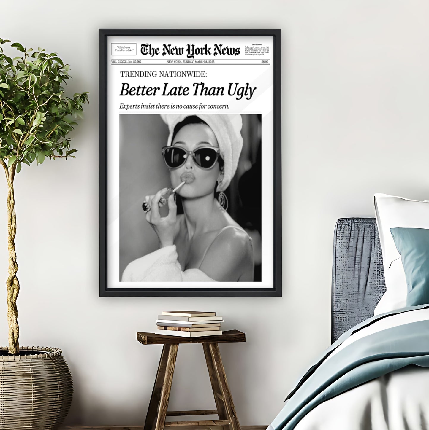 Better Late Than Ugly Vintage Newspaper Framed Canvas Art|Liberty Signs #L1663