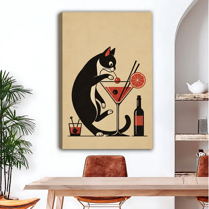 Retro Black Cat Cocktail Canvas Wall Art | Framed & Unframed l4930