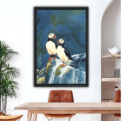 Atlantic puffins oil painting canvas wall art in black frame above wooden dining table in bright modern dining room