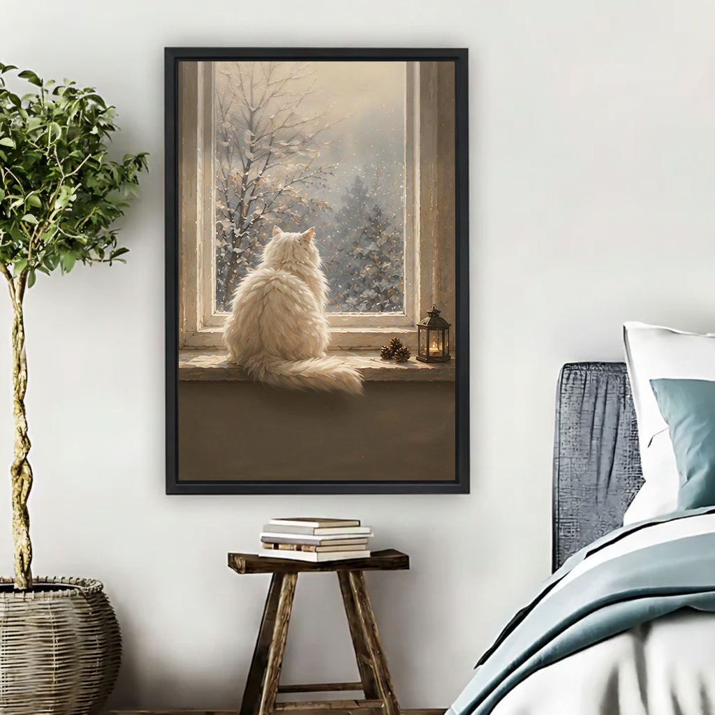 Framed white fluffy cat on snowy windowsill canvas wall art print in warm bedroom with plant