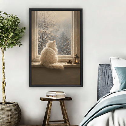 Framed white fluffy cat on snowy windowsill canvas wall art print in warm bedroom with plant