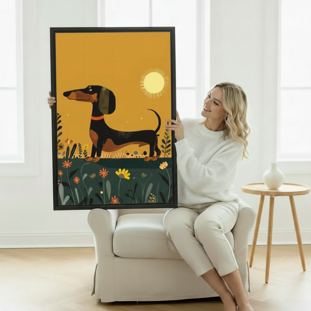 Boho dachshund canvas print with wildflowers and sun, golden illustration wall art