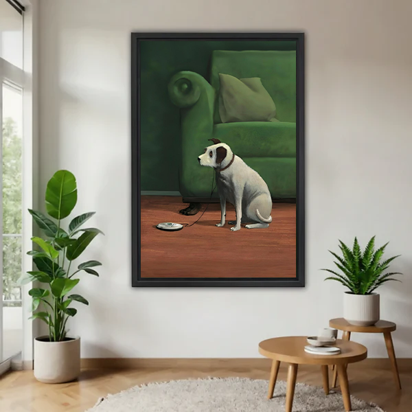 Framed wall art print of a loyal white dog sitting by an empty bowl beside a green sofa