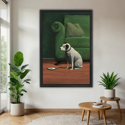 Framed wall art print of a loyal white dog sitting by an empty bowl beside a green sofa