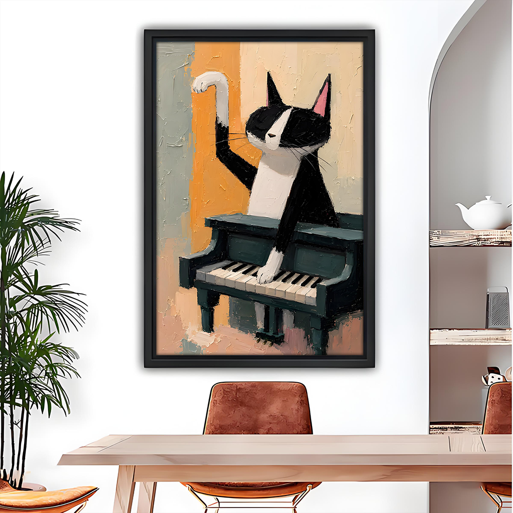 Tuxedo Cat Playing Grand Piano Oil Painting Black Framed Wall Art Print Dining Room Decor