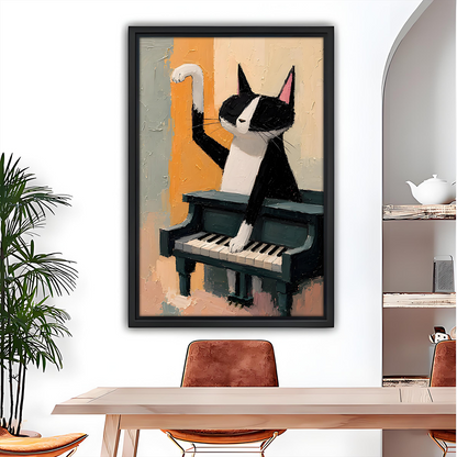 Tuxedo Cat Playing Grand Piano Oil Painting Black Framed Wall Art Print Dining Room Decor