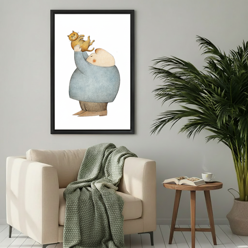 Whimsical Cat Wall Art Framed Print – black frame displayed above cream armchair in cozy Scandinavian living room