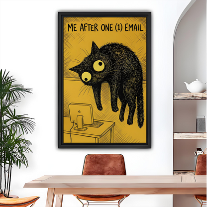 Funny black cat email meme framed wall art print – yellow humor poster dining room decor
