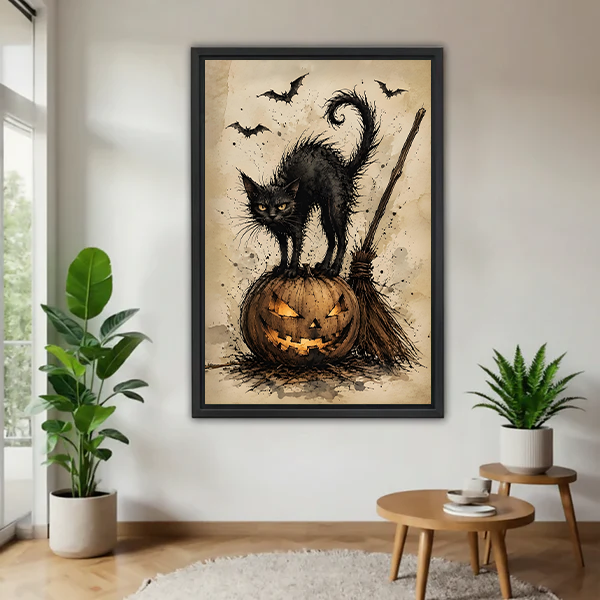 Black-framed black cat and pumpkin canvas wall art above a cream sofa with a wooden coffee table.