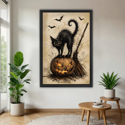 Black-framed black cat and pumpkin canvas wall art above a cream sofa with a wooden coffee table.