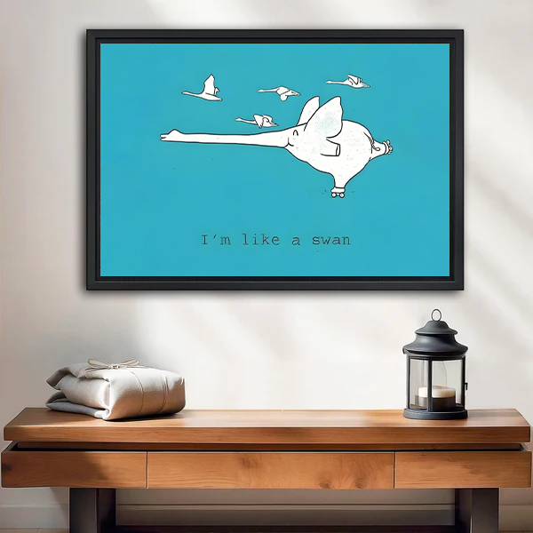 "I'm Like a Swan" funny pig flying wall art, black framed canvas print, teal whimsical illustration, entryway console table decor
