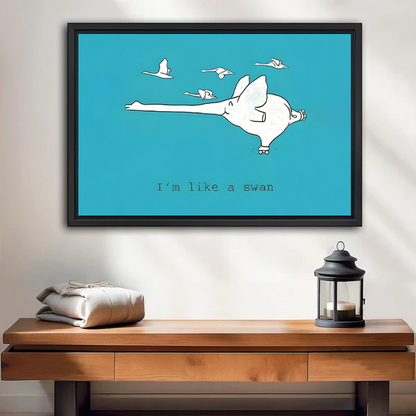"I'm Like a Swan" funny pig flying wall art, black framed canvas print, teal whimsical illustration, entryway console table decor