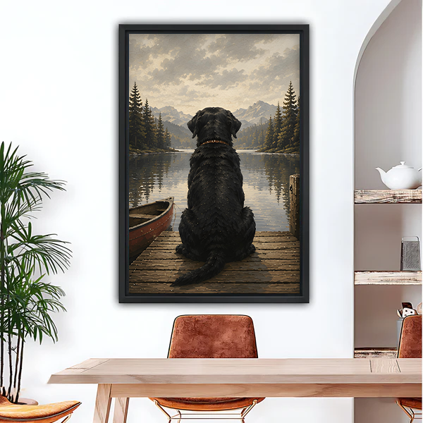 Black Labrador dog sitting on lake dock vintage oil painting framed wall art in dining room