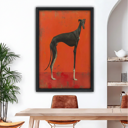 Blackhound canvas wall art with bold red background, framed in black, displayed above dining table