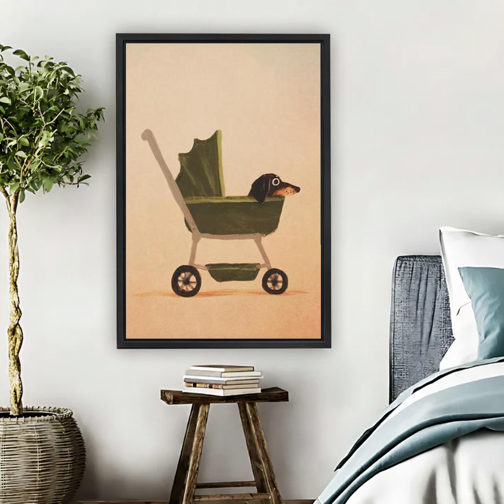 Dachshund in vintage green stroller framed oil painting wall art hung above wooden stool beside bed in boho bedroom