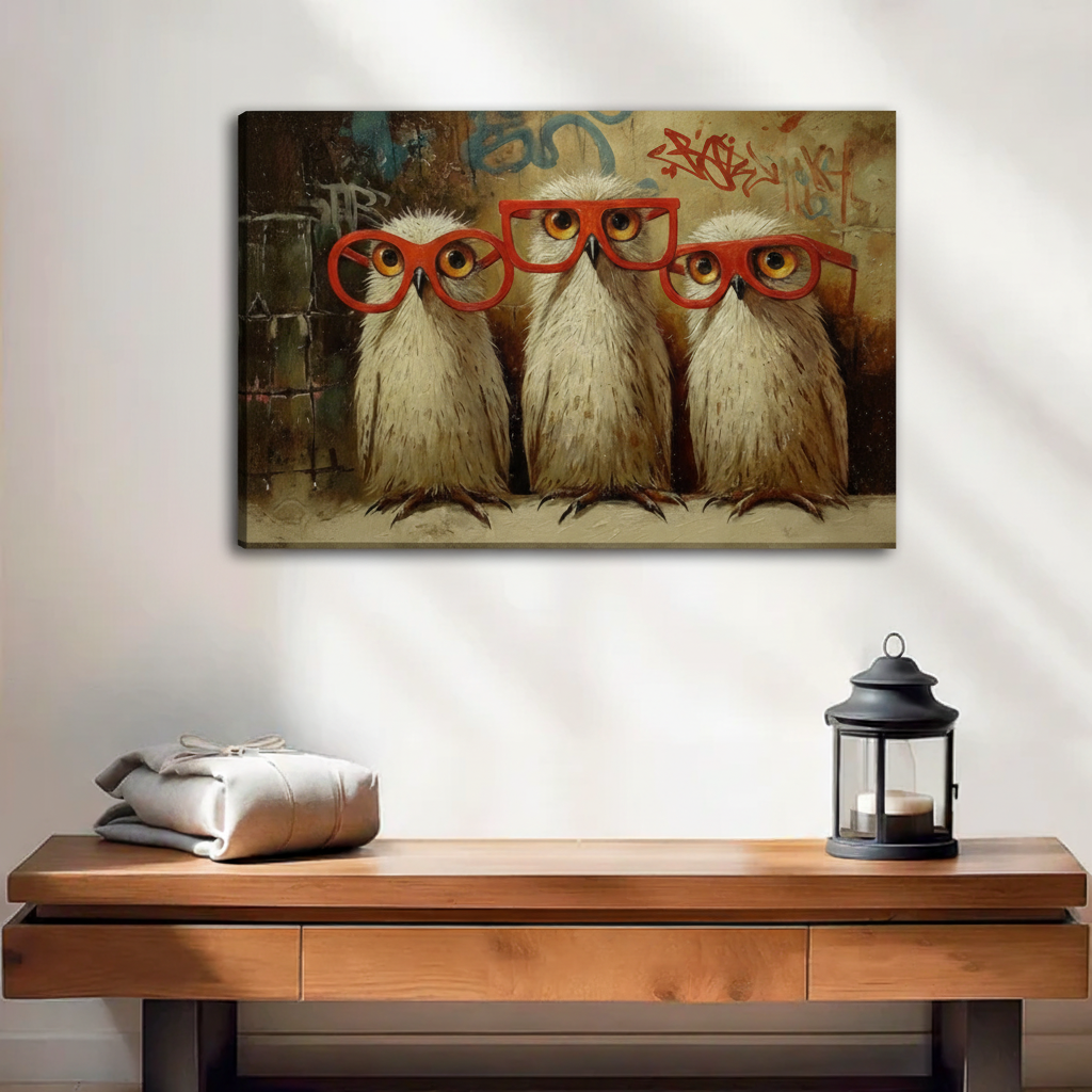 Three owls with red glasses frameless gallery wrap canvas above entryway table, quirky graffiti owl wall art print
