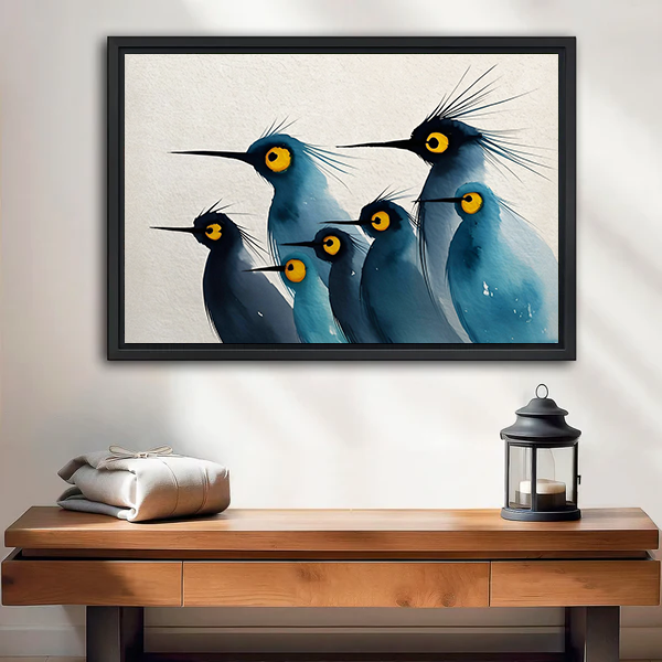Framed blue crested birds watercolor modern wall art print above wooden console table with lantern