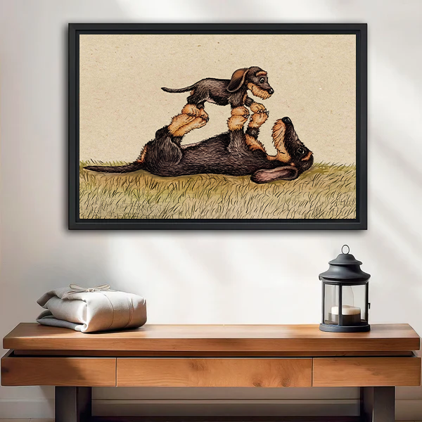 Vintage playful dogs framed canvas wall art – whimsical puppy print above entryway table