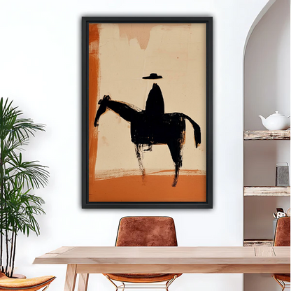 Minimalist cowboy silhouette abstract framed wall art print hanging in dining room above wooden table