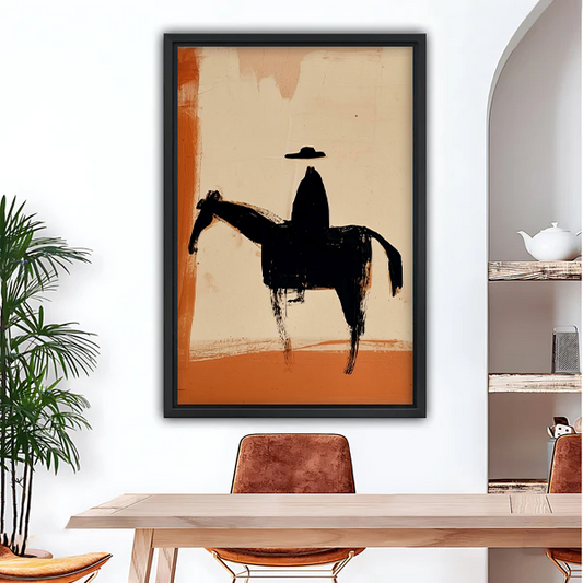 Minimalist cowboy silhouette abstract framed wall art print hanging in dining room above wooden table