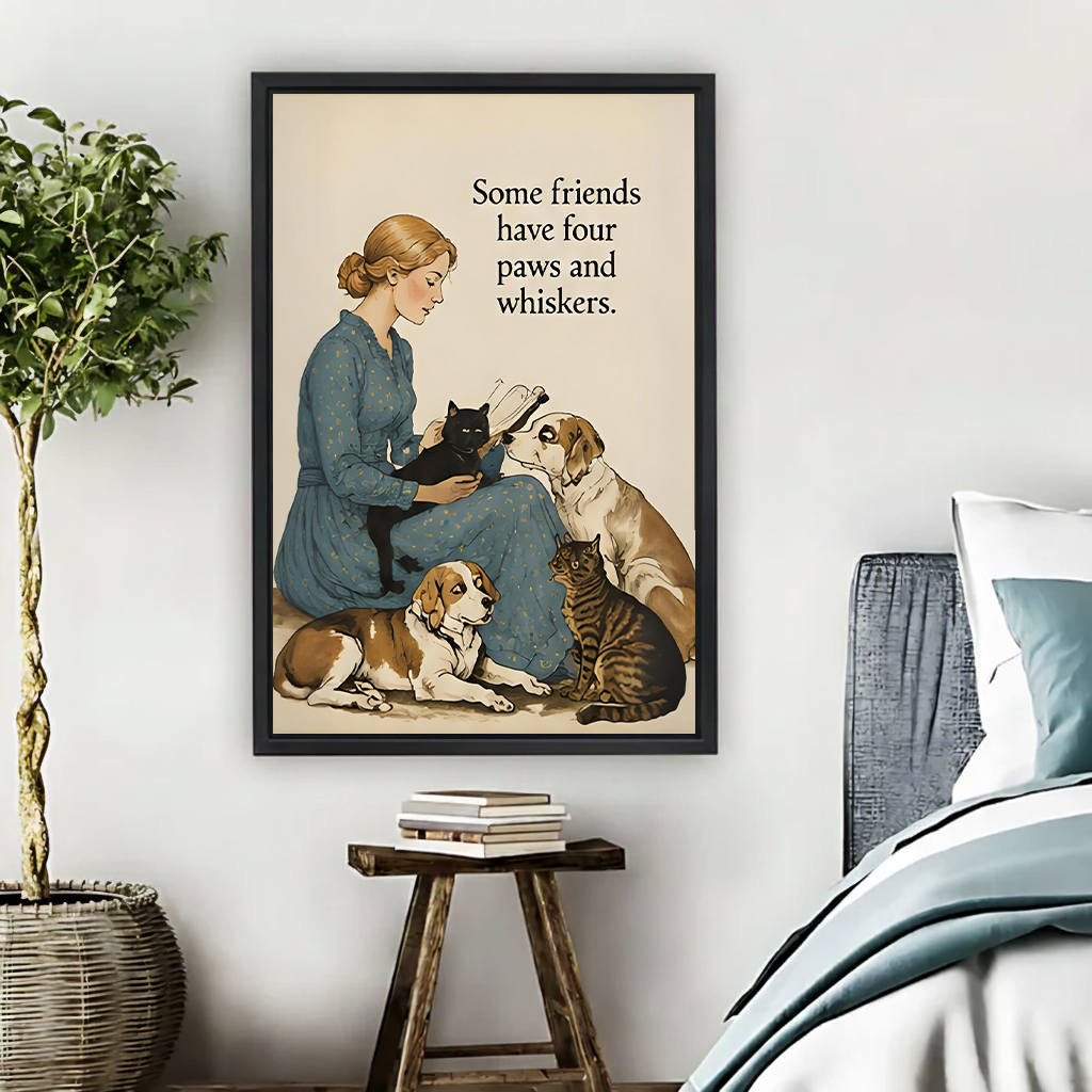 Woman in blue floral dress sitting on floor holding black cat surrounded by beagle dog tabby cat and golden retriever vintage watercolor illustration with some friends four paws whiskers quote framed wall art hung on white wall above rustic wooden stool with stacked books beside teal bedding in cozy bedroom