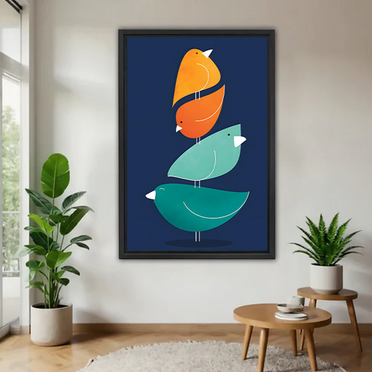 Mid-century modern stacked birds framed canvas wall art print teal orange navy living room decor