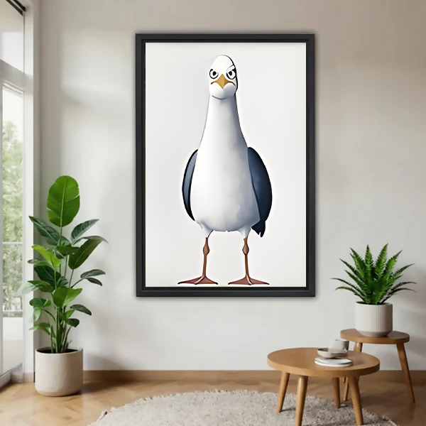 Grumpy seagull cartoon framed canvas wall art print with bold bird standing on white background displayed on wall between two green plants