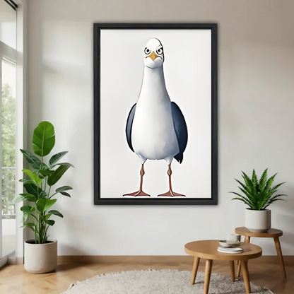 Grumpy seagull cartoon framed canvas wall art print with bold bird standing on white background displayed on wall between two green plants