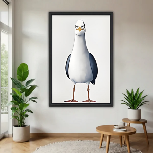 Grumpy seagull cartoon framed canvas wall art print with bold bird standing on white background displayed on wall between two green plants