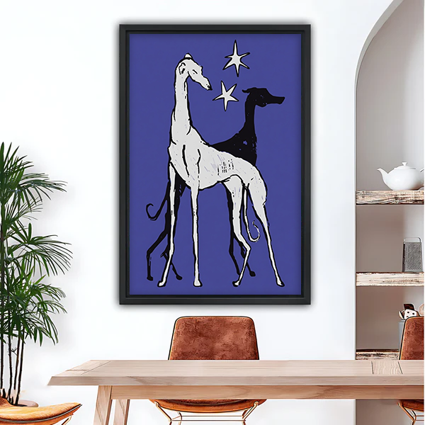 Vintage greyhound dogs stars blue framed canvas wall art above dining table