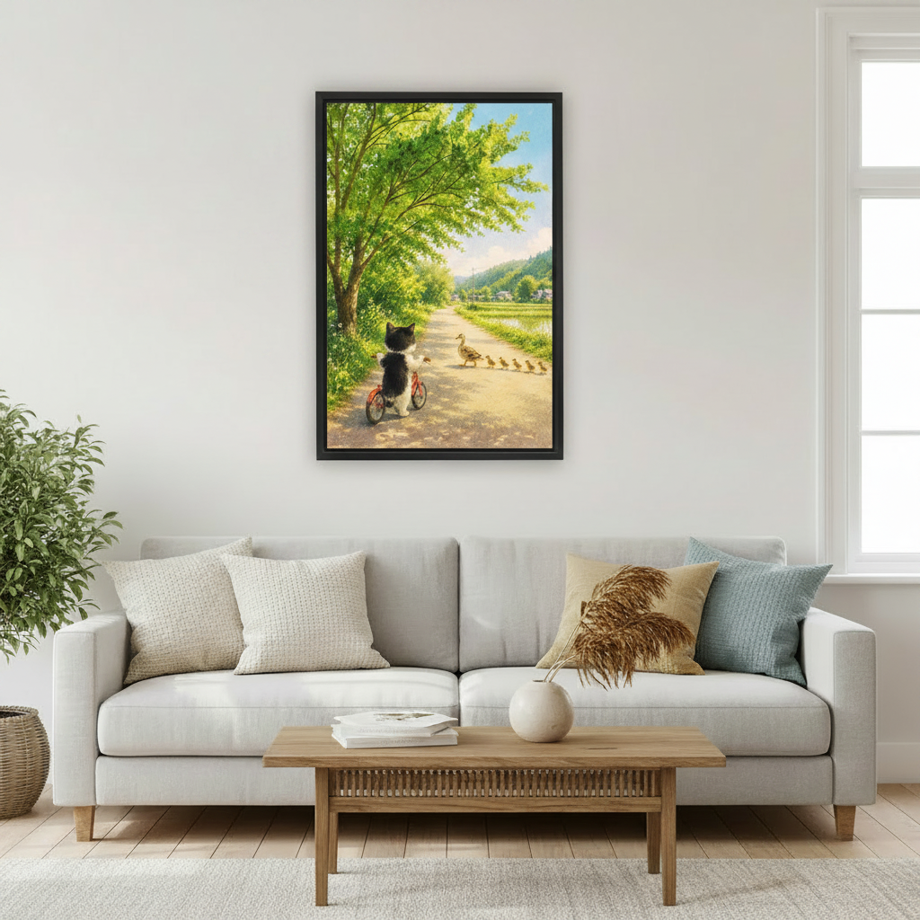 Framed whimsical cat wall art above living room sofa with neutral modern decor