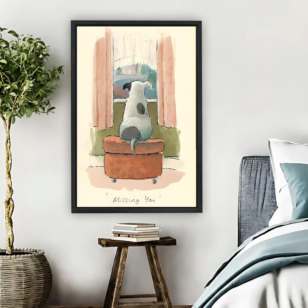 Watercolor dog wall art in black frame above nightstand — Missing You illustration in cozy bedroom